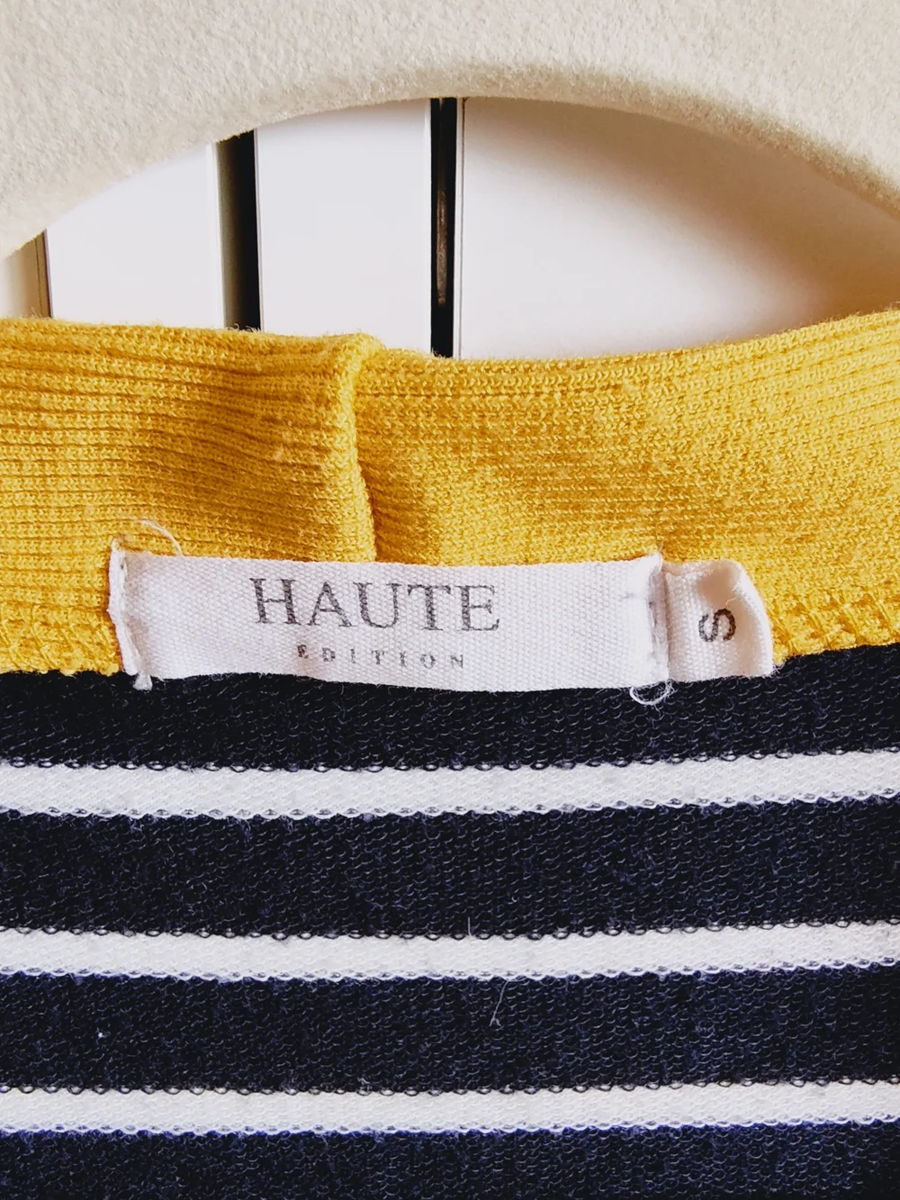 Navy and White Long Striped Cardigan with Yellow Trim - Picture 6 of 8